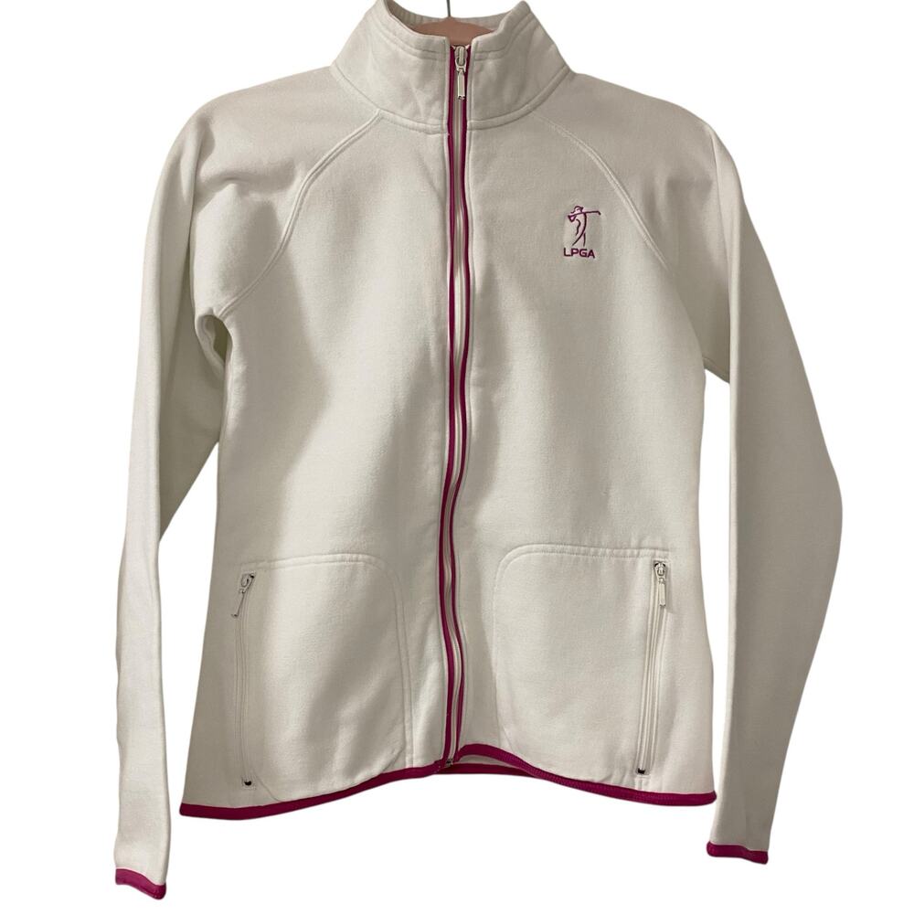 Women's Size Small Golf Zip Up Sweater with front pockets White and Pink
